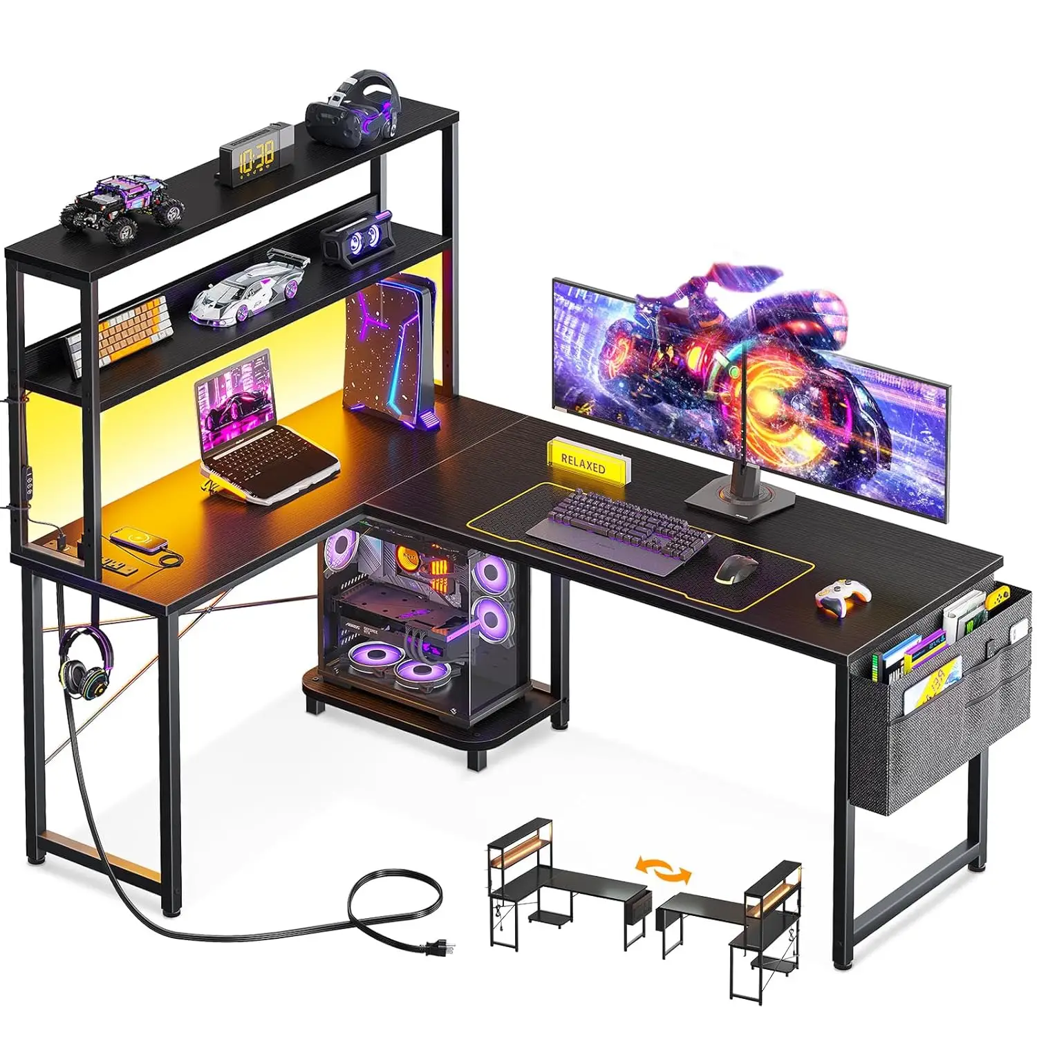 

53" L Shaped Gaming Desk LED Power Outlets Storage Shelves Bag Hook Home Office Study Black, Customized