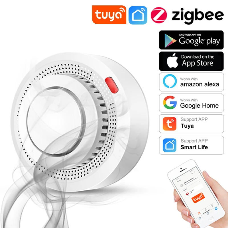 Tuya Zigbee Smart Smoke Detector Smart Life App Remote Monitoring Fire Alarm Sensor Home Security System Works with Gateway Hub