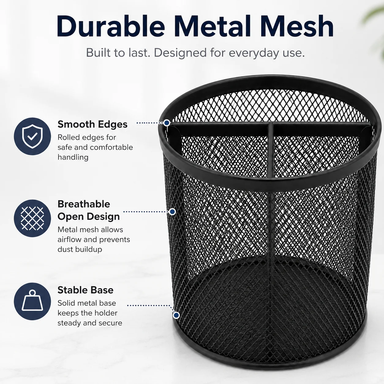 3-grid circular mesh, black metal split pen cup stationery storage container, used for storage