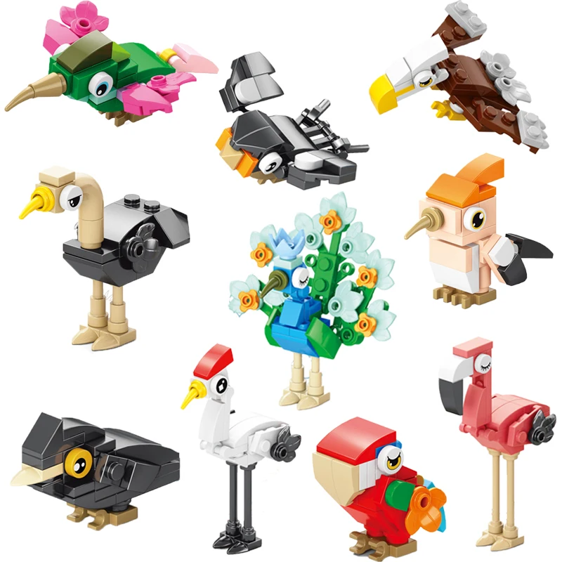 Animal Building Blocks Set Crow Parrot Peacock Eagle Flamingo Woodpecker Ostrich Red-crowned Crane Swallow Mini Brick Model Toy