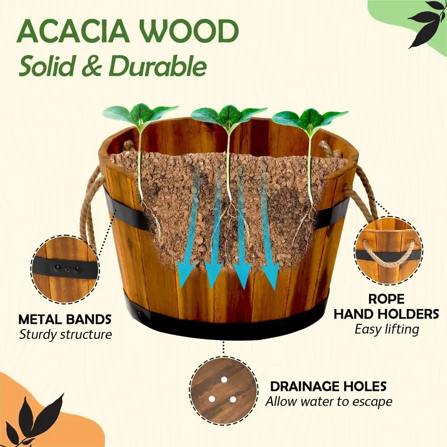 مكون من 3 صناديق زهور خشبية في الهواء الطلق، مزارعي أسطوانات خشبية متينة للنباتات الخارجية بمقابض مريحة وفتحات تصريف،