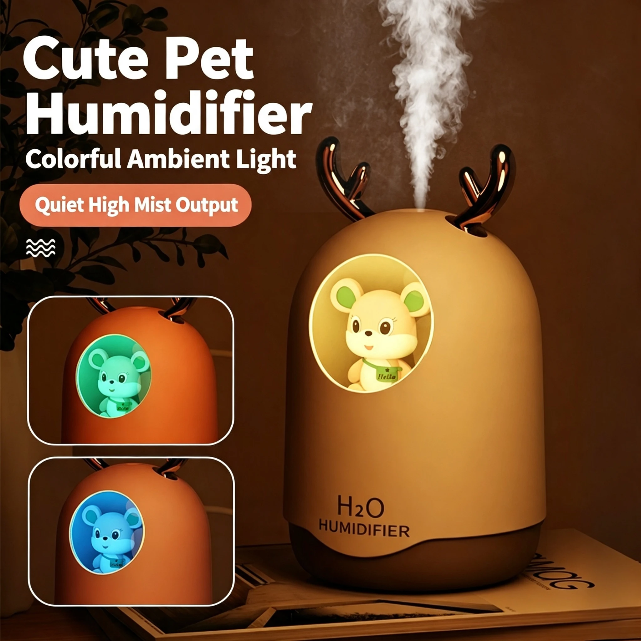 300ml USB Plug Cute Deer Humidifier Quiet Desktop Night Light Humidifier Portable Mini Mist Maker for Bedroom Home Office Gift