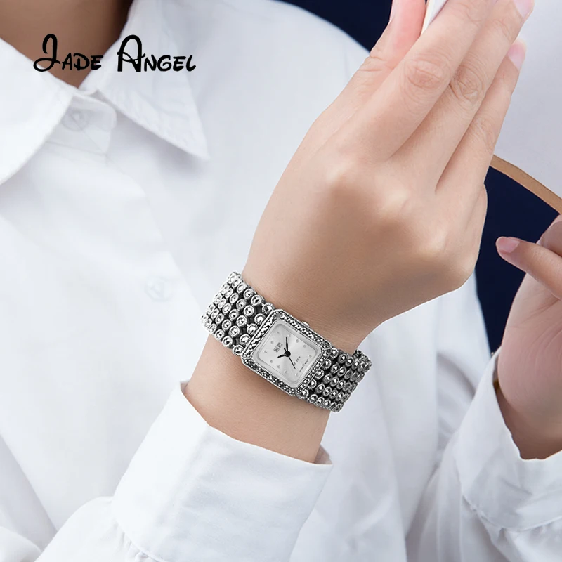 JADE ANGEL 925 Sterling Silver Ladies Vintage Oblong Quartz Watch Bracelet Classic Entry Lux High Quality Jewelry For Gift