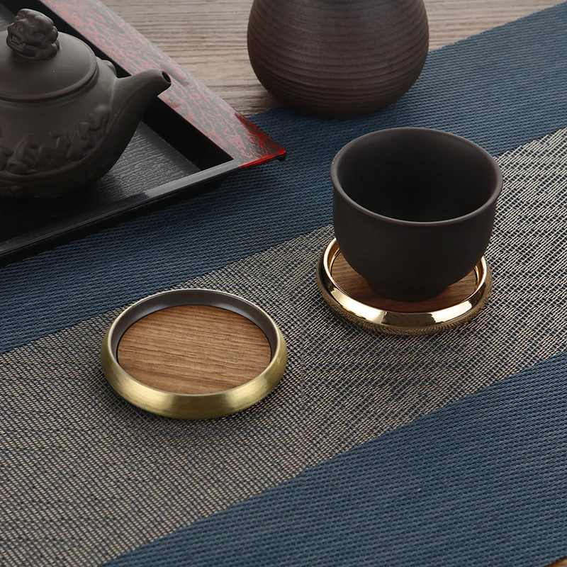 High-quality Wooden Coaster with Metal Ring Heat Insulation Cup Pad Drink Cup Coaster for Tea Coffe Milk Kitchen Supplies