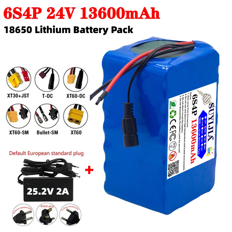 6s4p 24V 13600mAh 18650 Lithium Battery 25.2v 13.6Ah Moped Electric Li-ion Rechargeable Battery Pack with 2A Charger