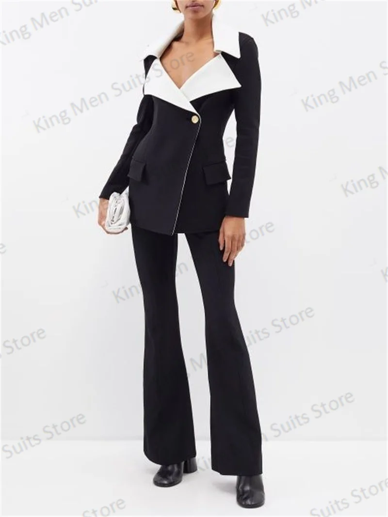 Zwart Splicing Kleur Damesbroek Pakken Set Blazer Broek 2 Stuks Één Knoop Jas Office Lady Formele Custom Made Kostuums