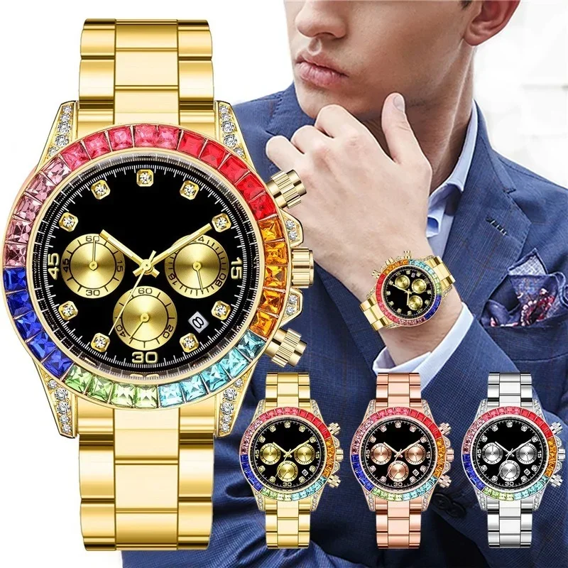 Fashion Mens Sports Watches Stainless Steel Day Date Watch Men Luxury Colored Diamonds Calendar Quartz Wristwatch Hip Hop Clock