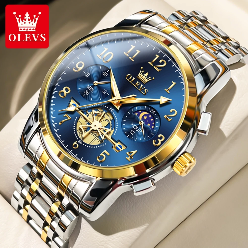 Original OLEVS 2900 Quartz Watch for Men Moon Phase Auto Date Stainless Steel Waterpoof Wristwatch Men TOP Brand Business Watch