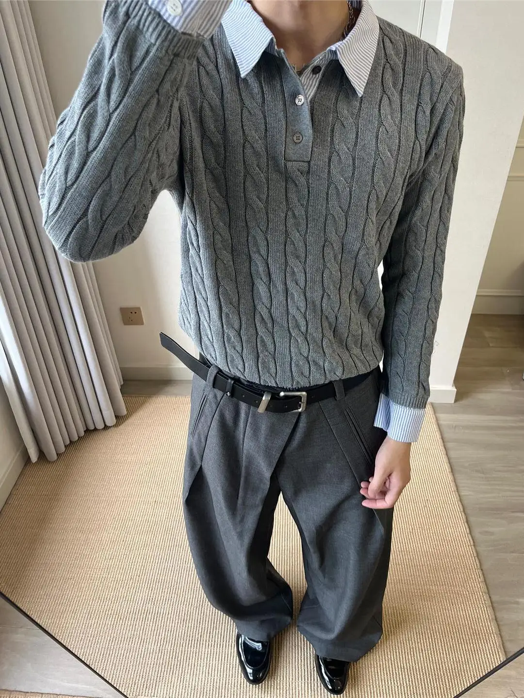 

Мужской вязаный свитер Lazy Sle: осенне-зимний, винтажный, с отложным воротником, имитация двухслойности, теплый, модный, повседневный, свободный крой