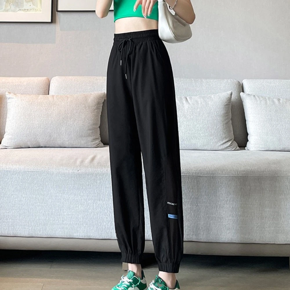

Thin Straight Casual Drawstring Pants Mesh Streetwear High Waist Trousers Quick Dry Mesh Hollow Sweat Pants Women Girls