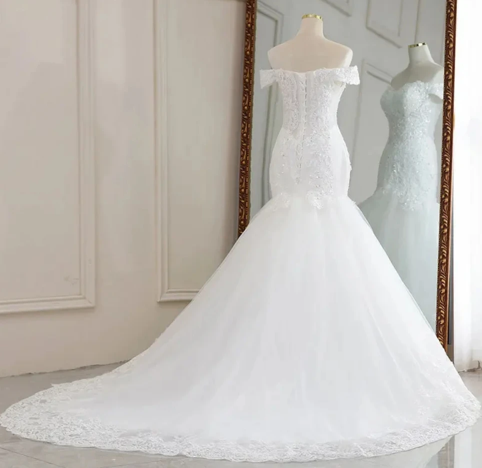 Elegante Witte Bruidsjurk Hemdje Applique Kristal Tule Kant Vloer-Lengte Zeemeermin Trouwjurk Sweep Trein Trouw Jurken Dames