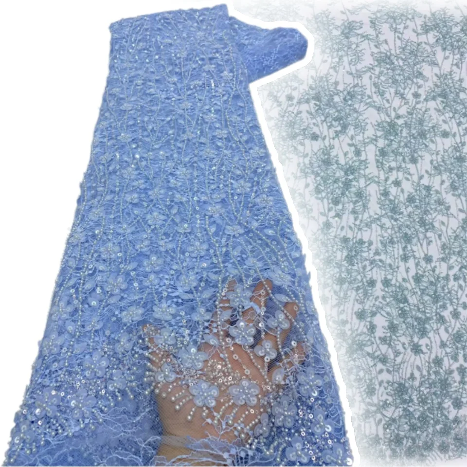 Elegant Sheer Flower Mesh Lace Fabric Soft Blue African Sparkling Beaded Sequin Lace for Bridal Wedding and Evening Dresses 3535