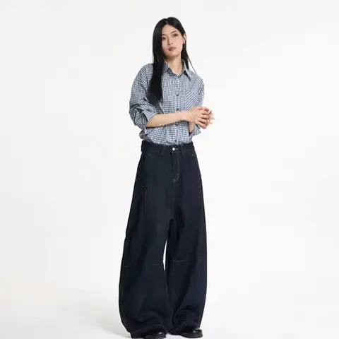 रेट्रो मिनिमलिस्ट डेनिम ब्लू वाइड-लेग कर्व्ड-हेम जींस यूनिसेक्स रिलैक्स्ड फिट वर्सेटाइल ट्राउज़र 10 best sales पेटिट जींस - №10