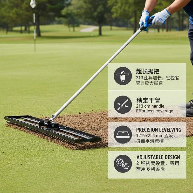 Ground Flattening Tool 48x10 in For Garden Yard Golf Course, 83.9 in Carbon Steel Handle 2 Heights Adjustable Soil Groomer Professional Landscaping Equipment
