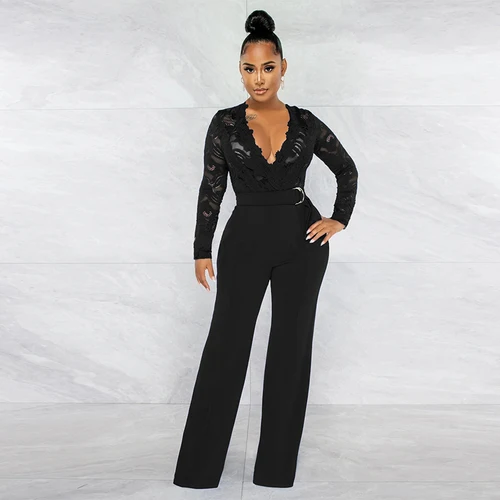 Mono de encaje transparente con cuello en V para mujer, pantalones de pierna ancha de manga larga con cinturón, ropa de calle informal