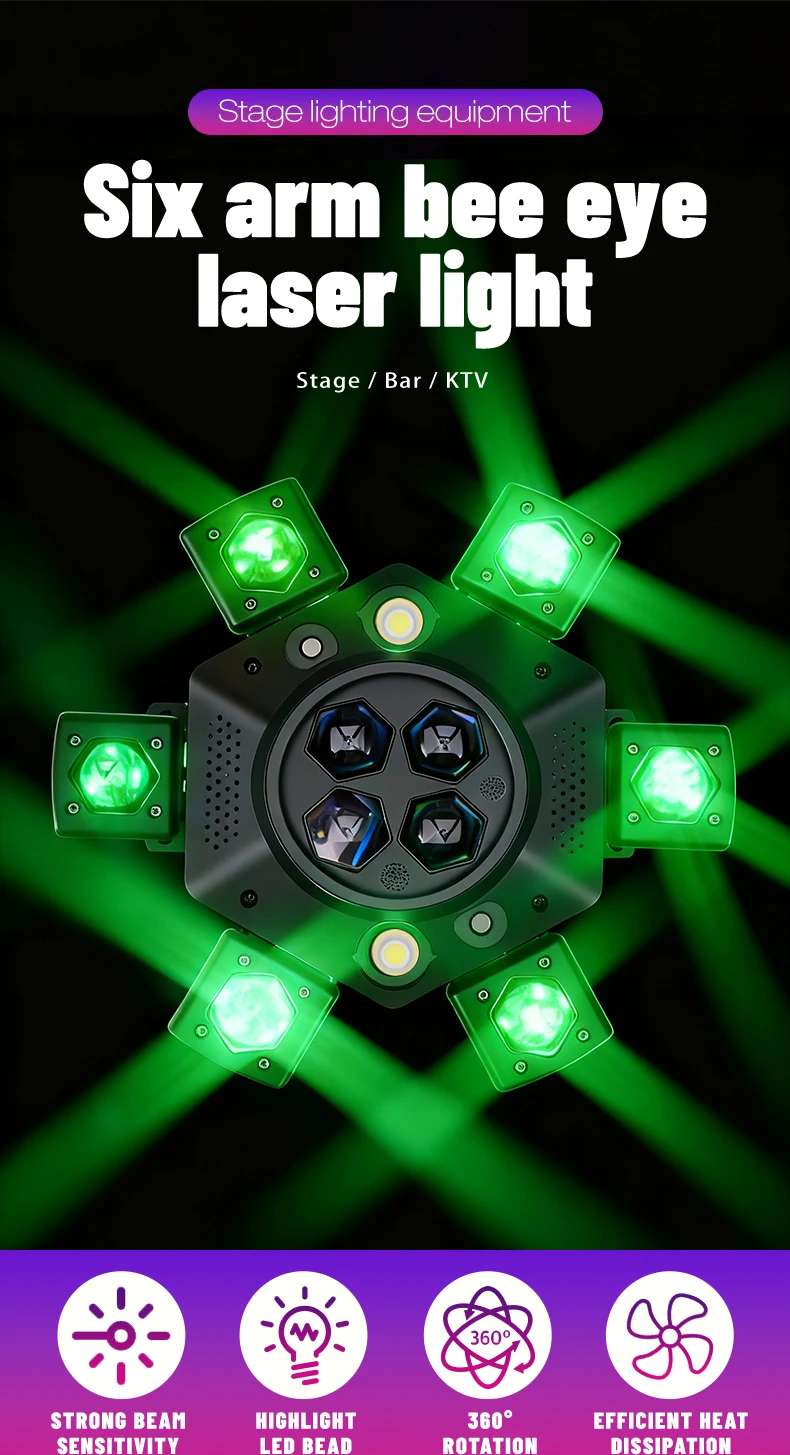 Fernbedienbare Moving-Head-Lichtanlage mit 6 Armen, RGBW-Beam, Strobe, Laser, DMX512-Bühnenbeleuchtung für DJ, Disco, KTV – Detail 1