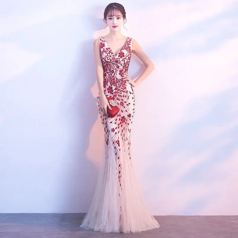 

Ele Long Evening Gown 209 New Sle Sexy Fi Tail Dr for Wedding Banquet Performance High Waist A-Line Skirt