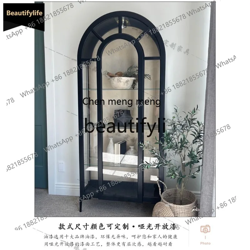 

GG French Retro Solid Wood Wine Cabinet High-End Glass Bookcase Storage Arched Sideboard