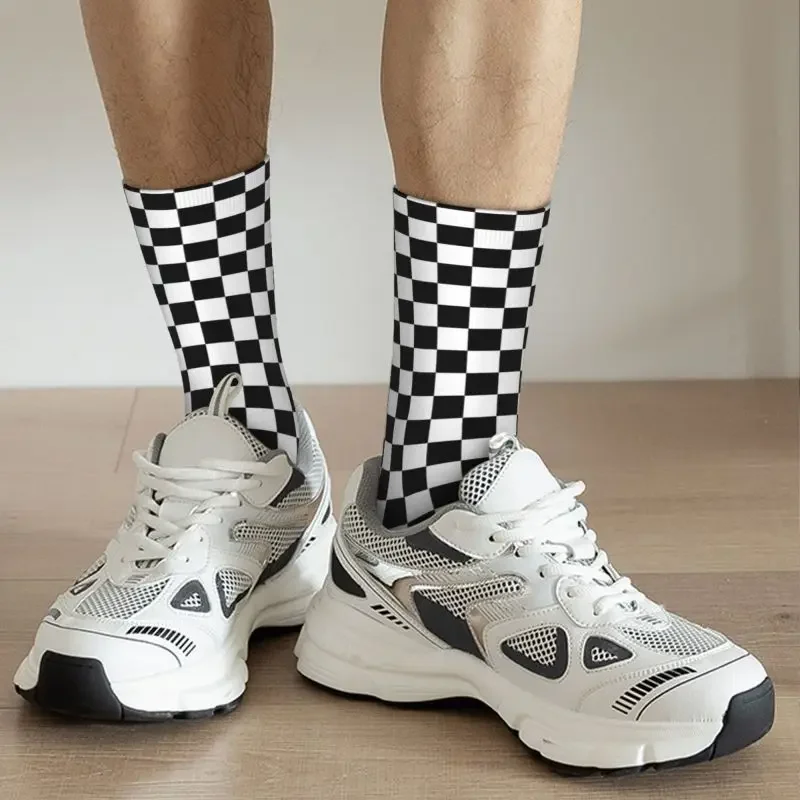 Custom Black And White Checkerboar Plaid Socks for Men Male Women Stretchy Summer Autumn Winter Crazy Crew Socks