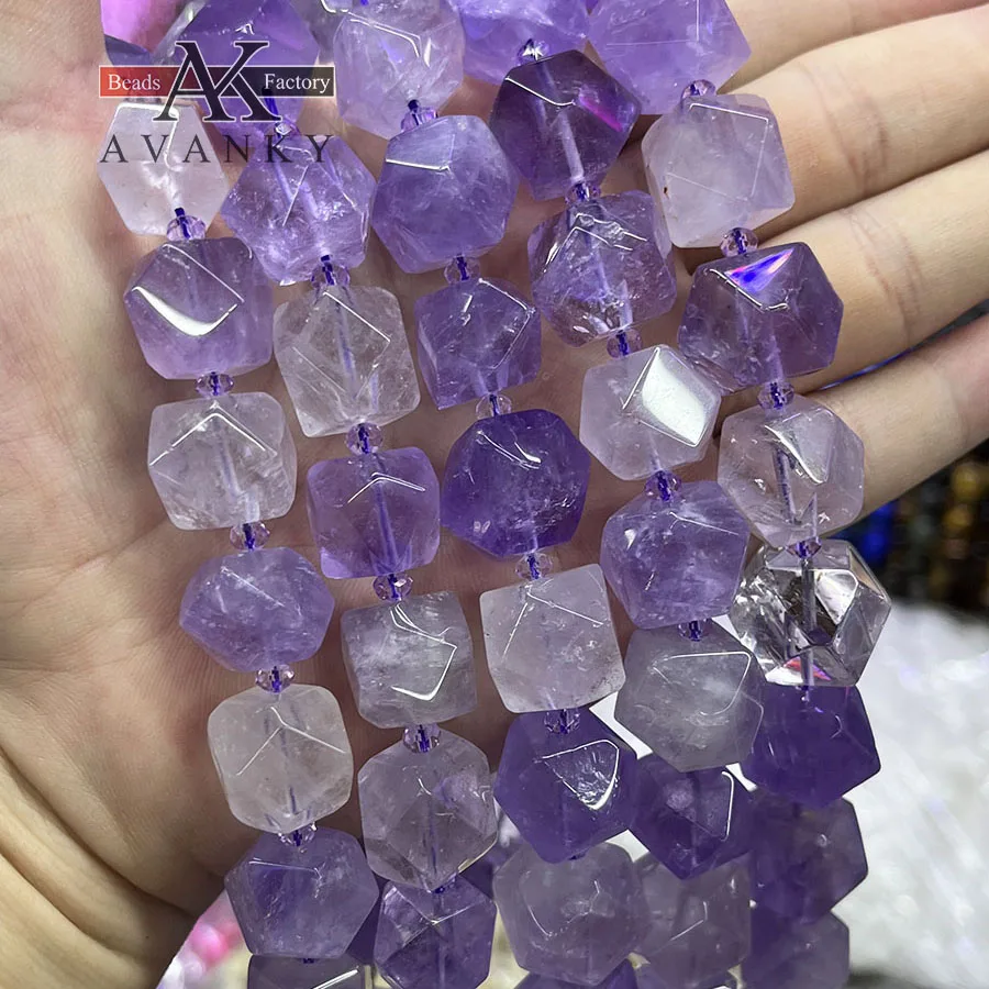 Natural Crystal Amethyst Handmade Faceted Irregular Cube Loose Beads Stone For DIY Jewelry Making Bracelet Necklace 15“ 12-13mm