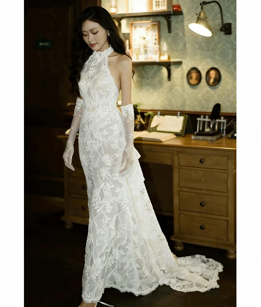 

MCDV Customized Sexy Lace Mermaid Evening Dress High Quality Halter Sleeveless Floor Length Women Wedding Gowns Custom Size