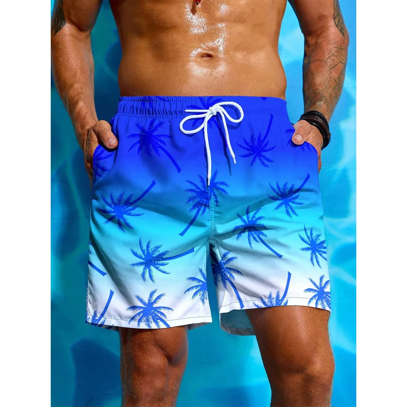 Hawaiian Coconut Tree 3D Print Gradient Board Shorts Men's Oversized Surfing Beach Sports Pants Swimsuits Trunks Man Clothing