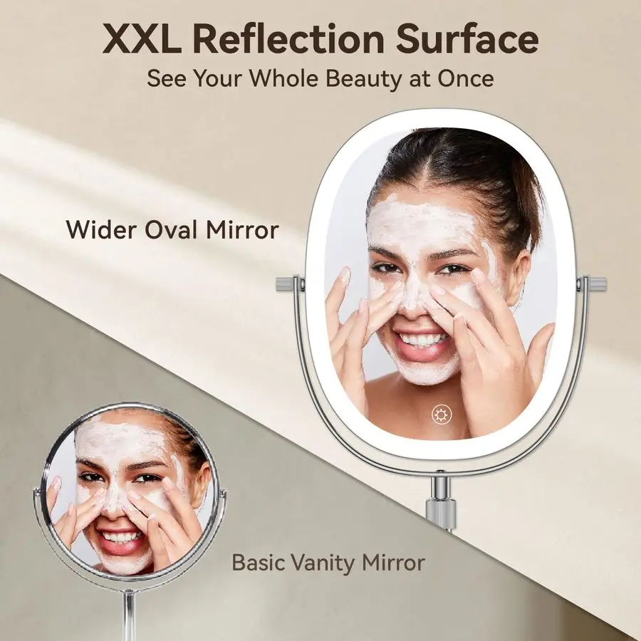 ライト付き化粧鏡、7倍拡大、高さ調節可能なバニティミラー、充電式3色照明モード、360度回転式