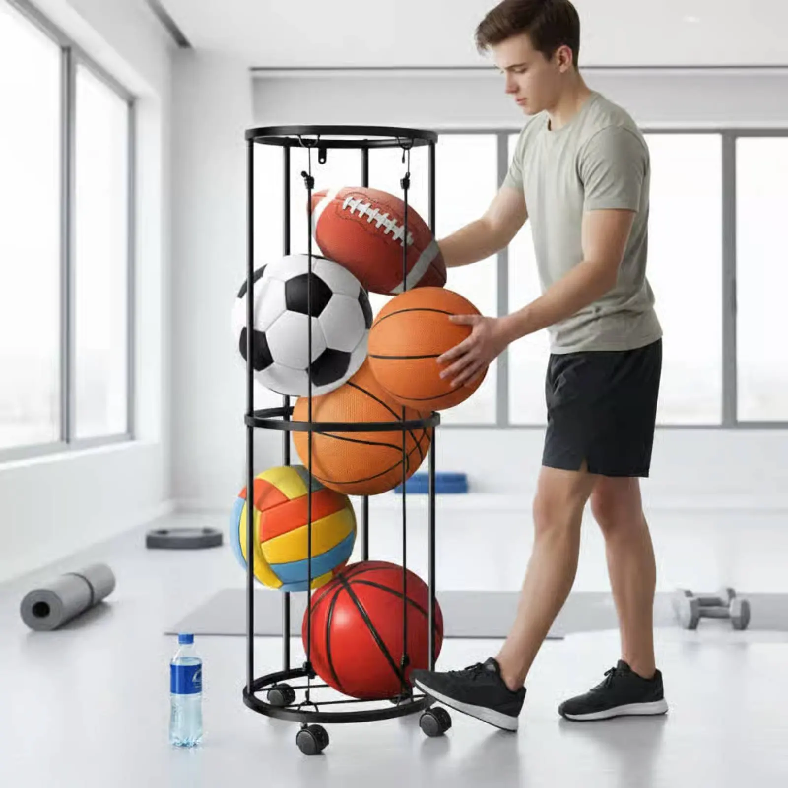 

3 Tier Sphere Storage Rack Large Capacity Upright Sphere Storage Rack Freestanding Roundball Stand Sturdy Construction for Gym