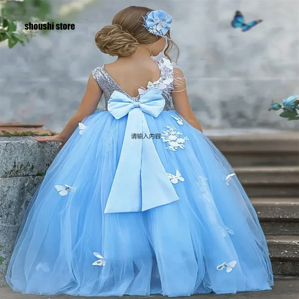 

Blue Flower Girls Dresses Pageant Gown Puffy Backless Butterflies Princess Kids Birthday Party First Communion Gowns