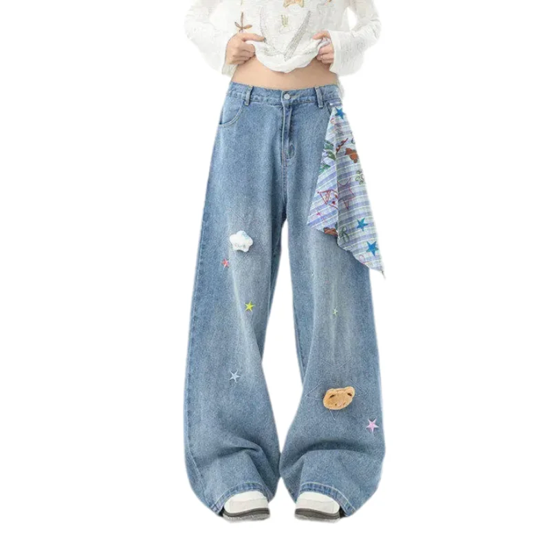 Street Retro 3D Cartoon Embroidery Jeans for Women Summer New Design Loose Fit Plus Size Wide-Leg Straight Pants