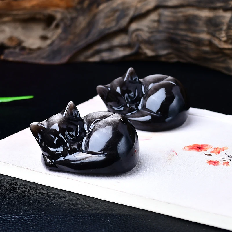 تمثال نوم على شكل قطة من حجر السج الفضي الطبيعي 50 × 46 × 34 ملم - حجر قطة لطيف منحوت بالكريستال - منتج ديكور منزلي للهدايا #3