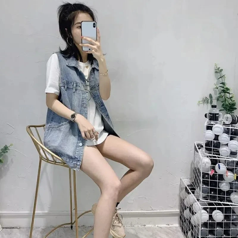 2024 Spring/Summer Denim Vests Female Korean Loose Medium Length Sleeveless Vest Jacket Top Outerwear Students Jean Waistcoat