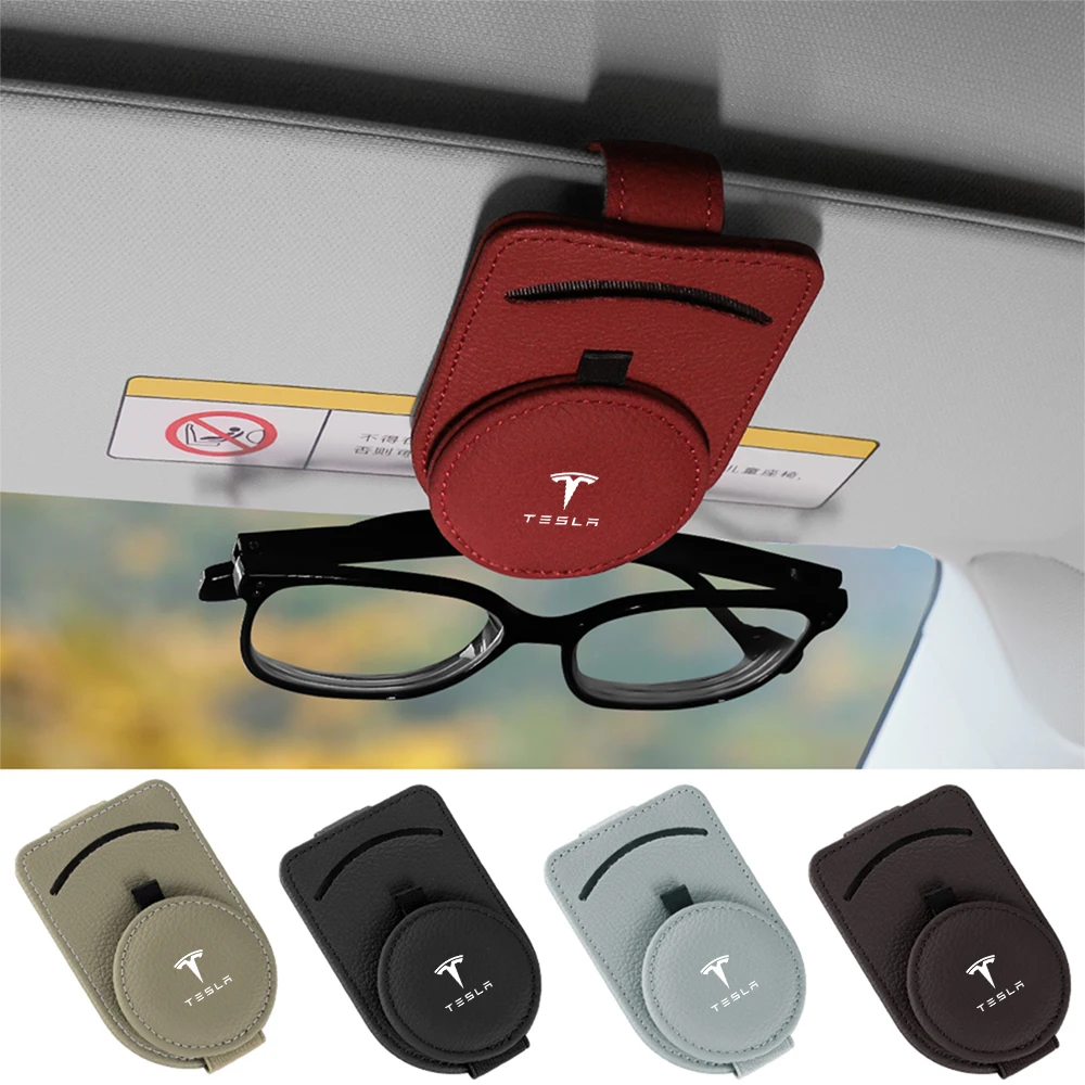 Clip de gafas de piel de vaca para coche, accesorios para Tesla Model 3 Model Y Model S Model X Roadster SpaceX Cybertruck Invader Juguete