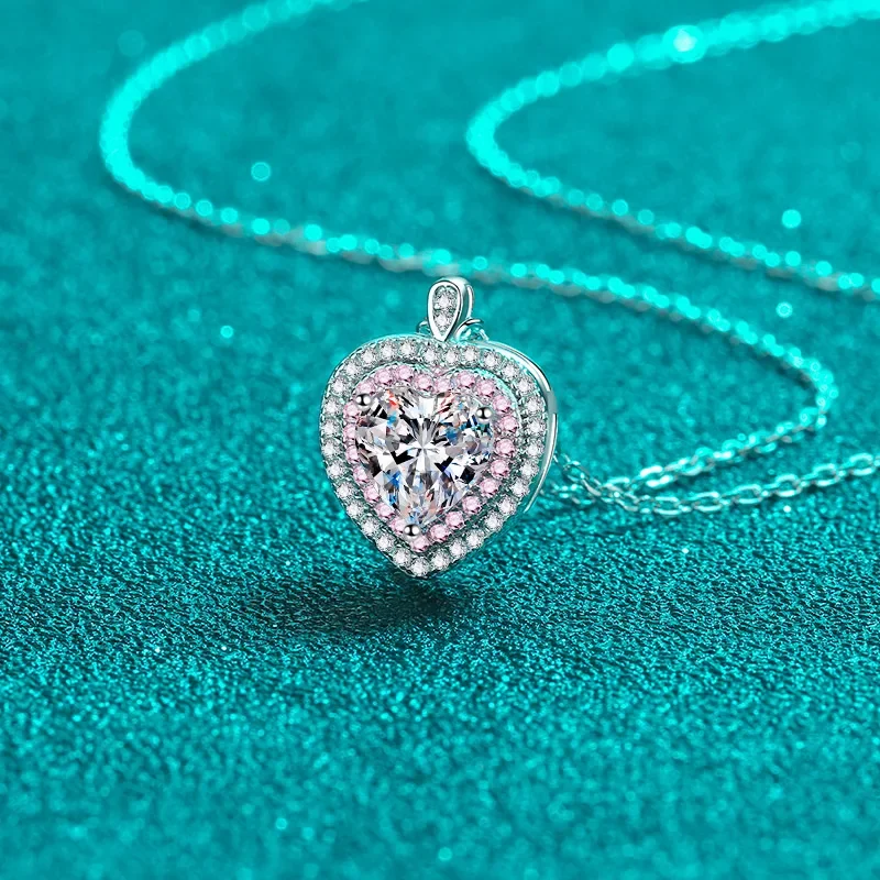 LORIELE 1ct Heart Moissanite Necklace for Women Pink Chain Sterling 925 Silver Jewelry Set Birthday Gift Lad Diamond Pendant GRA