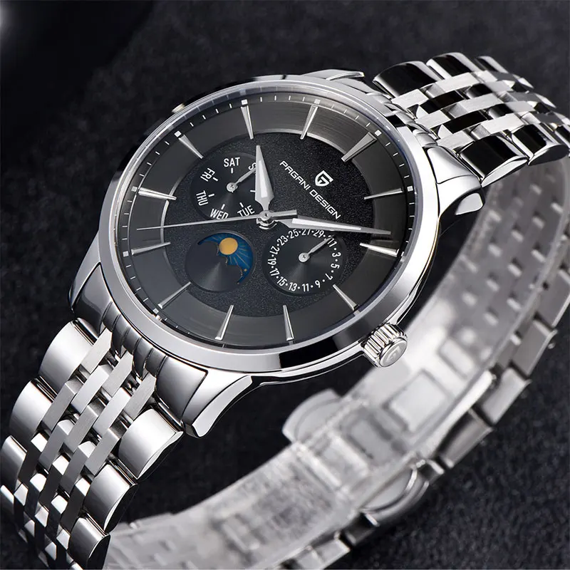 PAGANI تصميم القمر المرحلة 40 مللي متر ساعة رجالية 100 متر مقاوم للماء الساعات العلامة التجارية الأعلى الياقوت الزجاج متعددة الوظائف ساعة كوارتز رجالية 2025