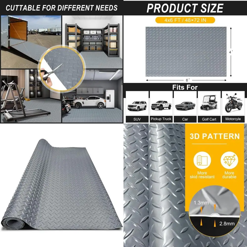 

Thickened 4x6ft Garage Floor Mat, 2.8mm PVC Diamond Plate, Non-Slip Motorcycle Parking Protector, Grey