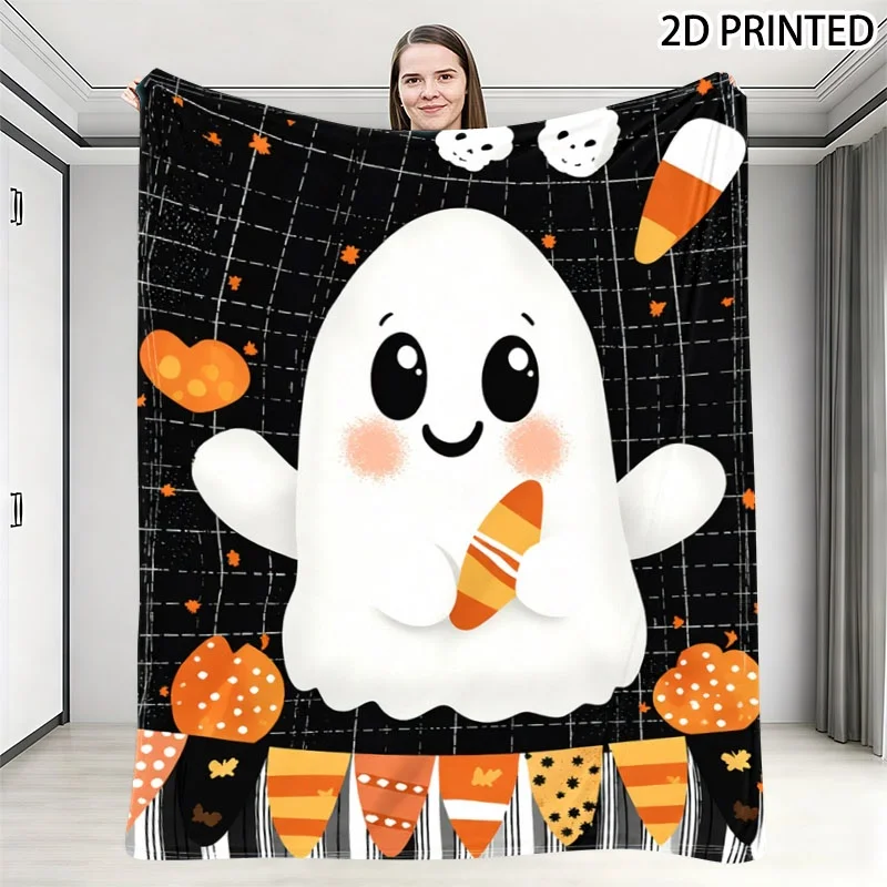 Playful Halloween Throw Blanket with Cute Smiling Ghost, Candy Corn, Skull & Pumpkin Print, Festive Black Grid Background, Soft