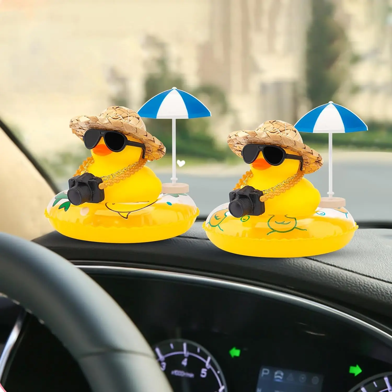 Rubber Duck Car Ornaments Duck Car Dashboard Decorations for Cute Car Accessories with Straw Hat Necklace Sun Umbrella