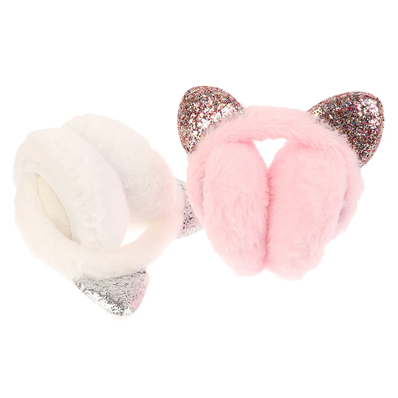 Lovely Winter Warm Cat Ear Warmers Glitter Ears Plush Earmuffs for Women Playful Girls Ear Muffs Cold Protection Warm Hot