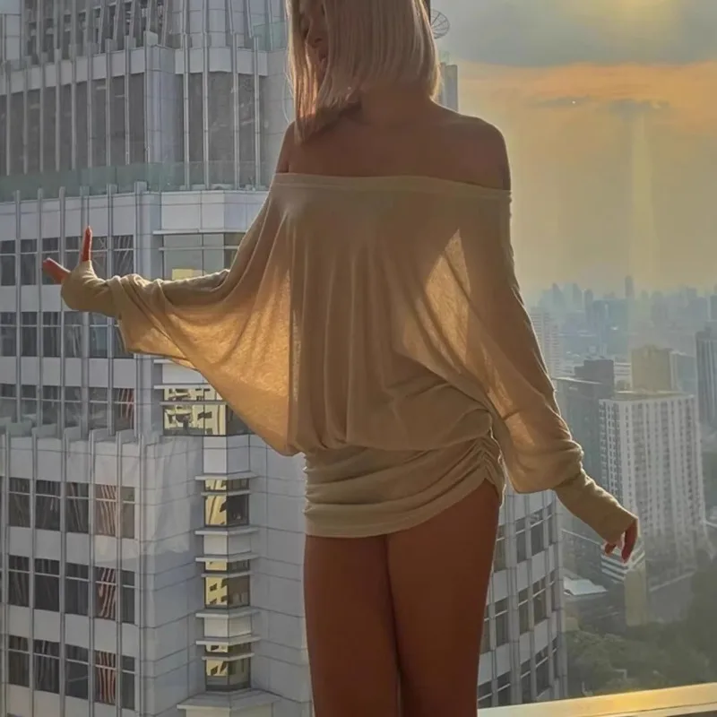 

Fashion Off Shoulder Mini Dress Women Sexy Long Sleeve Ruched Party Dresses French Bodycon Solid Hip Wrap Dresses Y2k Платье