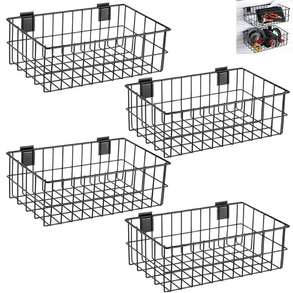 

Set of 4 Metal Slatwall Hanging Baskets & Bins for Storage and Display on Garage Panels (14.5x8.5x5, Black)