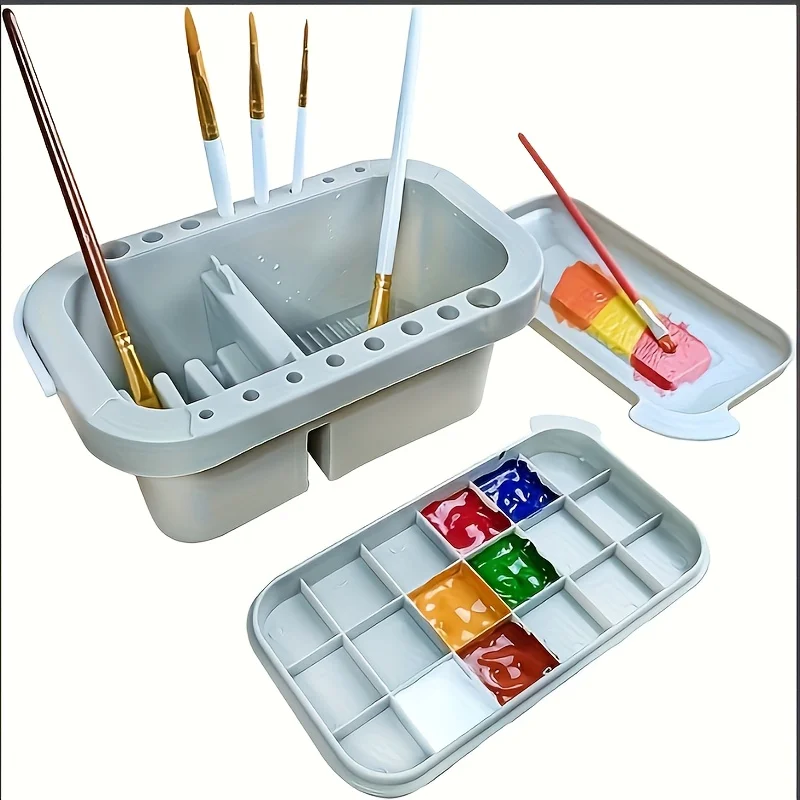 [1 Brush Holder with Palette]1 Rectangular Integrated Palette with Lid,16-hole Multi-functional Brush Washer,cleaner,storage Box