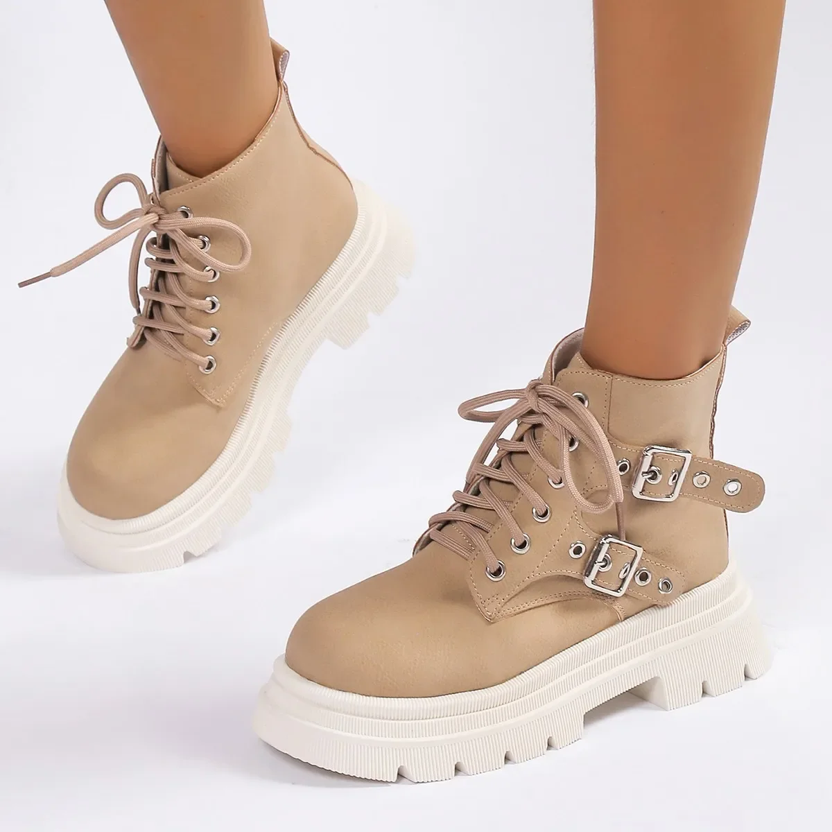 

Women's Ankle Boots 2024 Fashion Buckle Non-Slip Combat Boots Woman Autumn Lace-Up Pu Leather Med Heels Short Boots Female