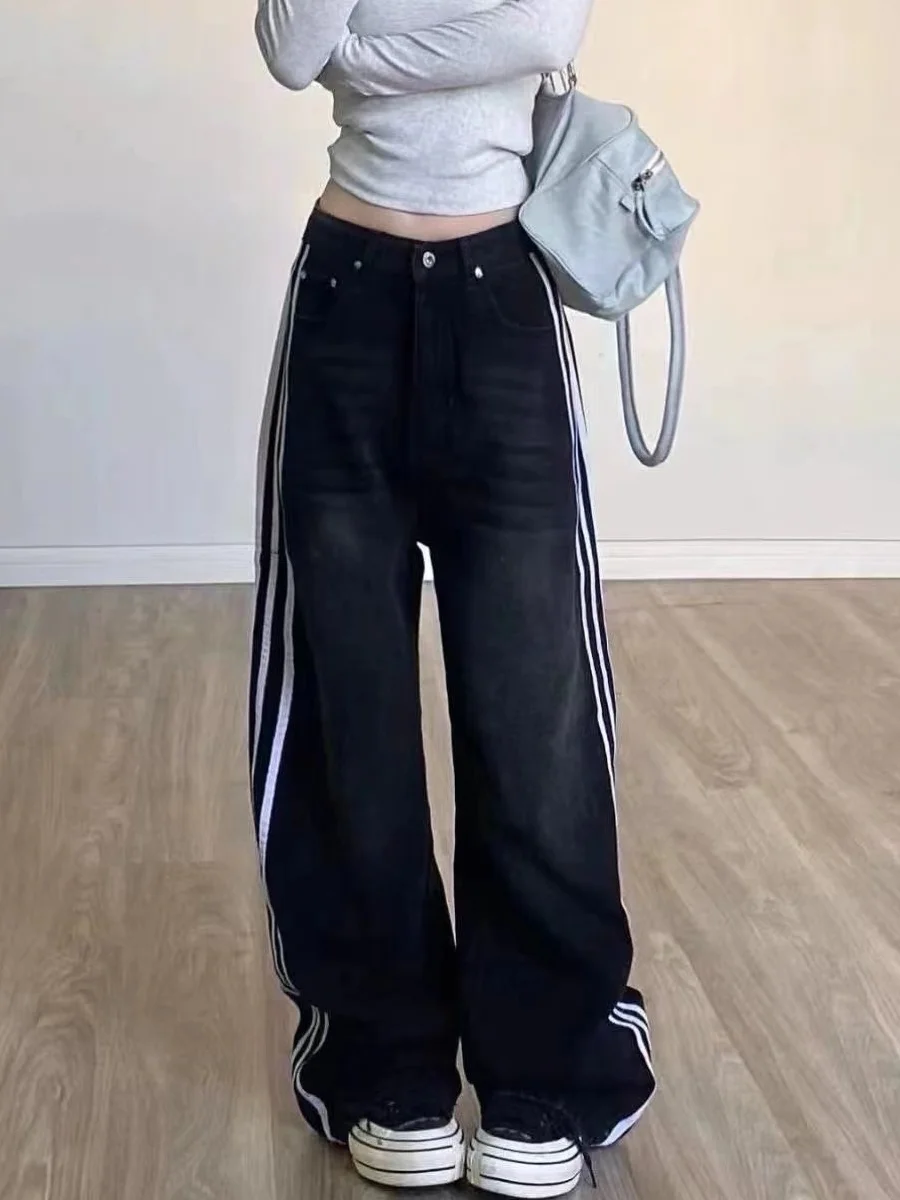 Jeans da donna con design a righe a gamba larga retrò americano a vita alta, vestibilità ampia, dimagranti, taglio dritto, pantaloni in denim autunno nuovo Sle