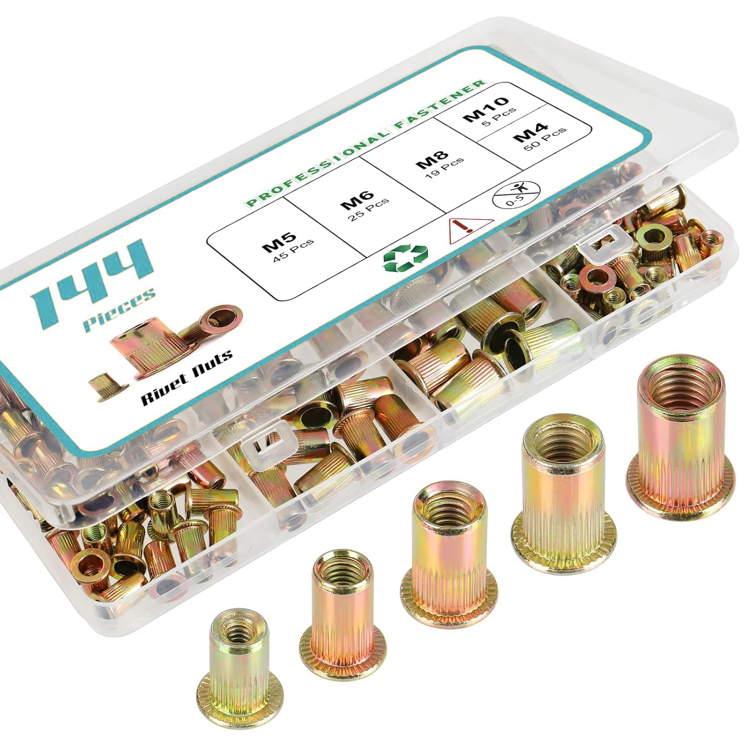 

144 sets of metric rivet nuts kits for M4, M5, M6, M8 and M10, carbon steel zinc-coated rivet nuts, flat-head threaded insert nu