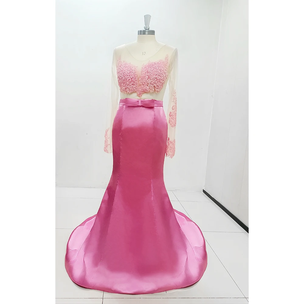 Fashion Sweet Pink Lace Satin Long Wedding Mermaid Prom Dresses  Junior Party Gowns Maid of Honor Dresses With Bow Evening