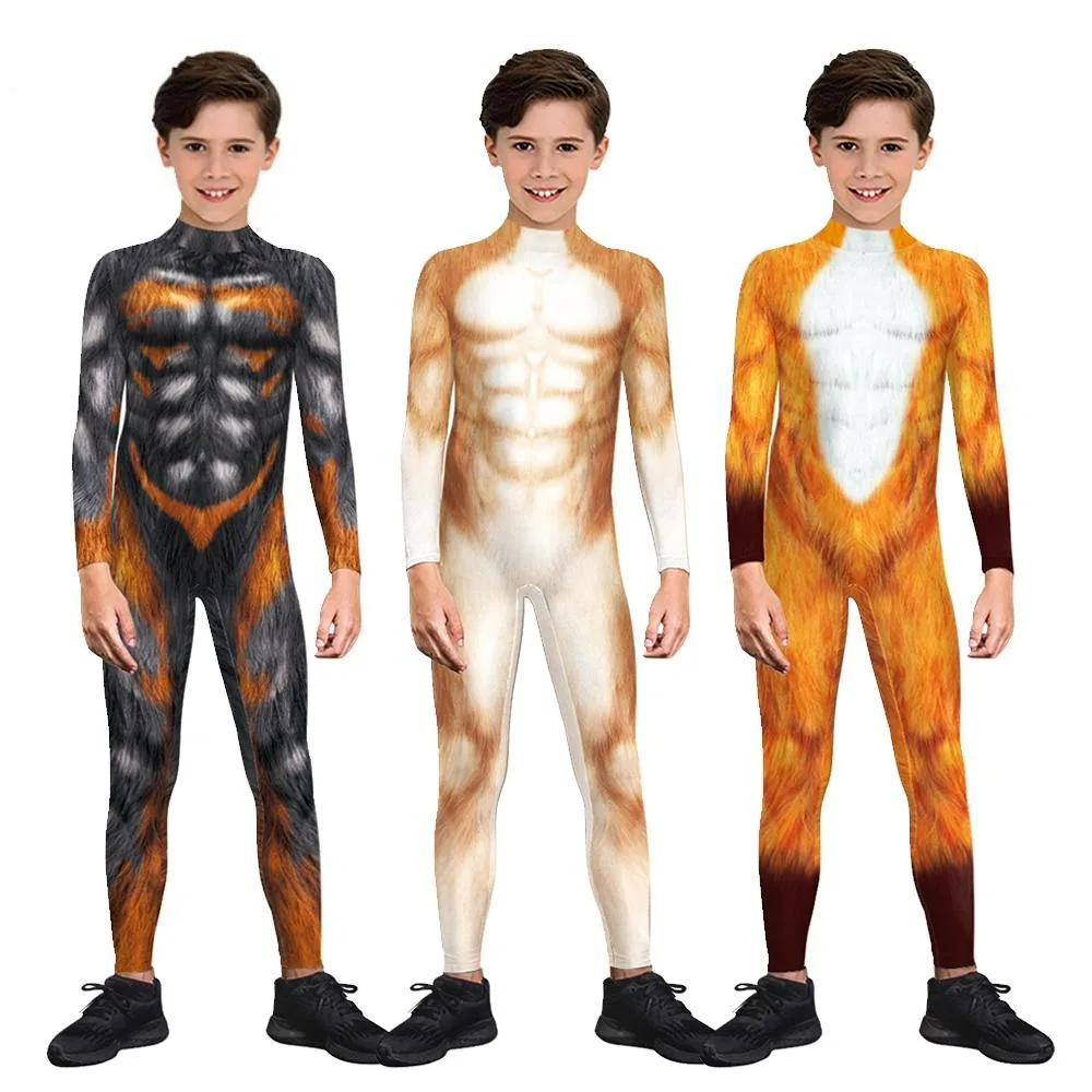 Teanoon Child Husky Wolf Costume Halloween Animal Cosplay Jumpsuits Kids Zentai Bodysuit Carnival Party Rompers Outfits