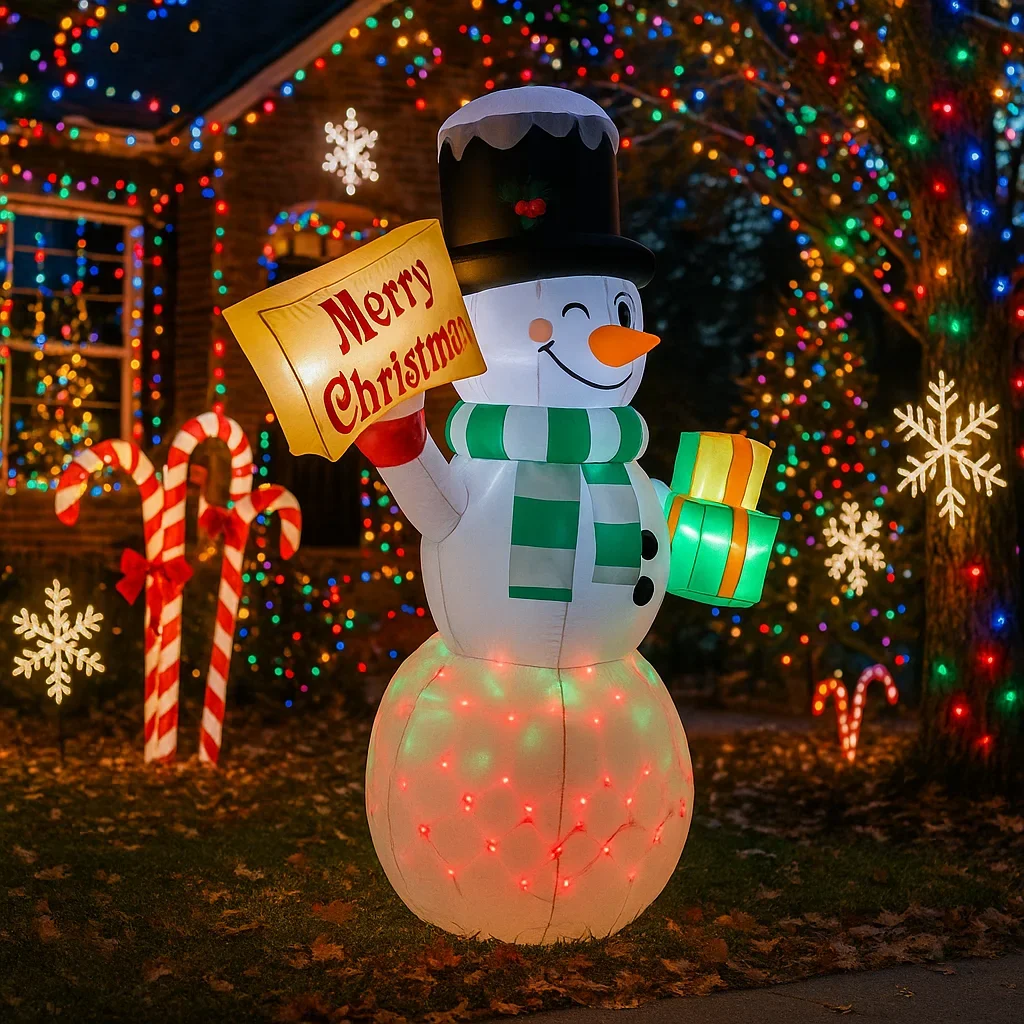 1.5M/4.9FT Opblaasbare Kerstsneeuwman Holding Teken Licht LED Woondecoratie Speelgoed Tuin Kerstvakantie Benodigdheden Outdoor Gazon Decor