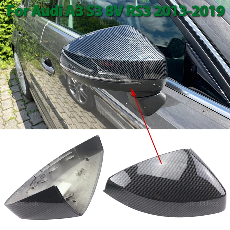 2x Printed Carbon fiber Black Rearview Mirror Cover Wing Side Rear view Mirror Cap For  Audi A3 S3 8V RS3 2013-2019 Side Assist