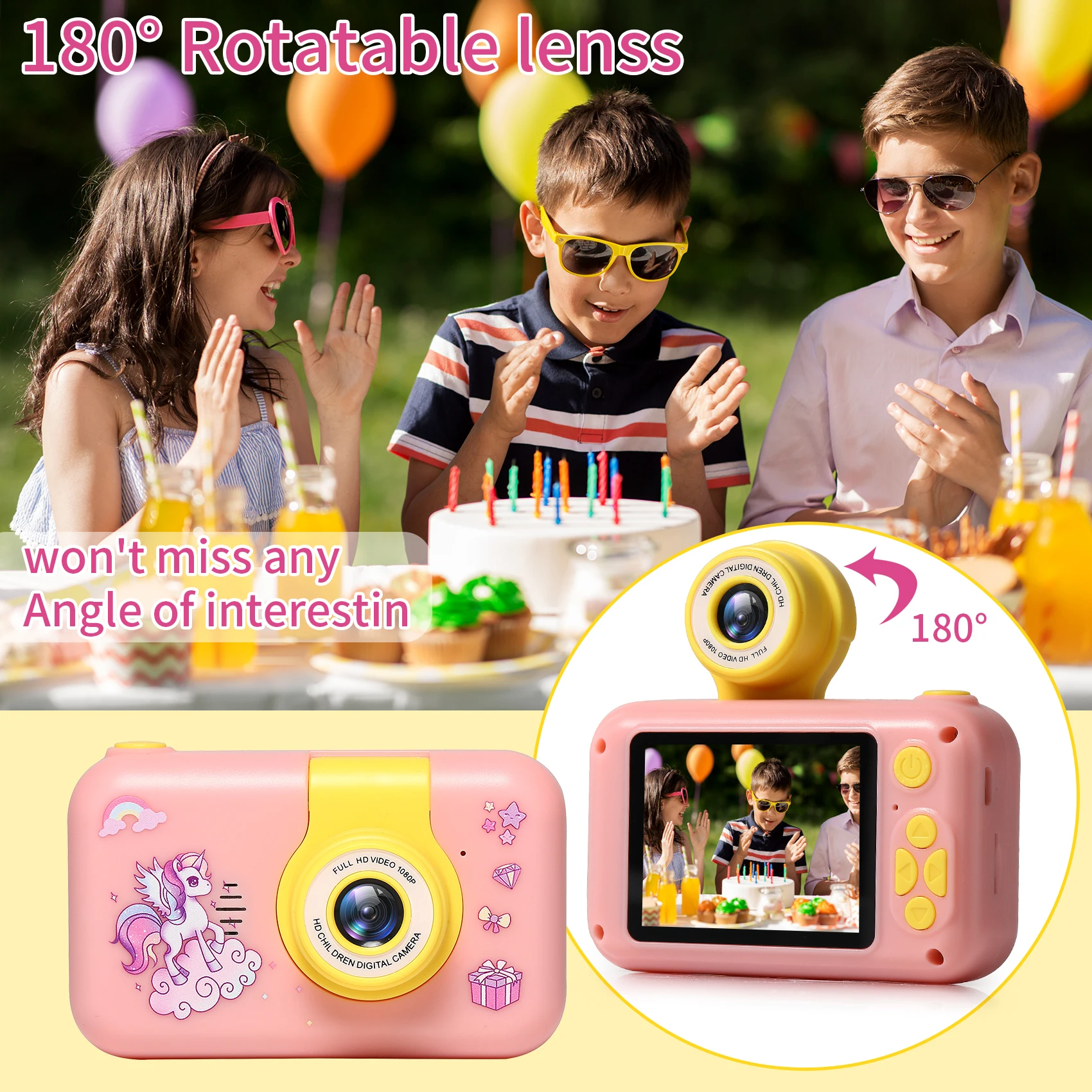 HD 2000W Pixels Kids Camera Cartoon Cute Children Video Digital Camera with Flip-up Lens for Selfie Birthday Gift for Girls Boys